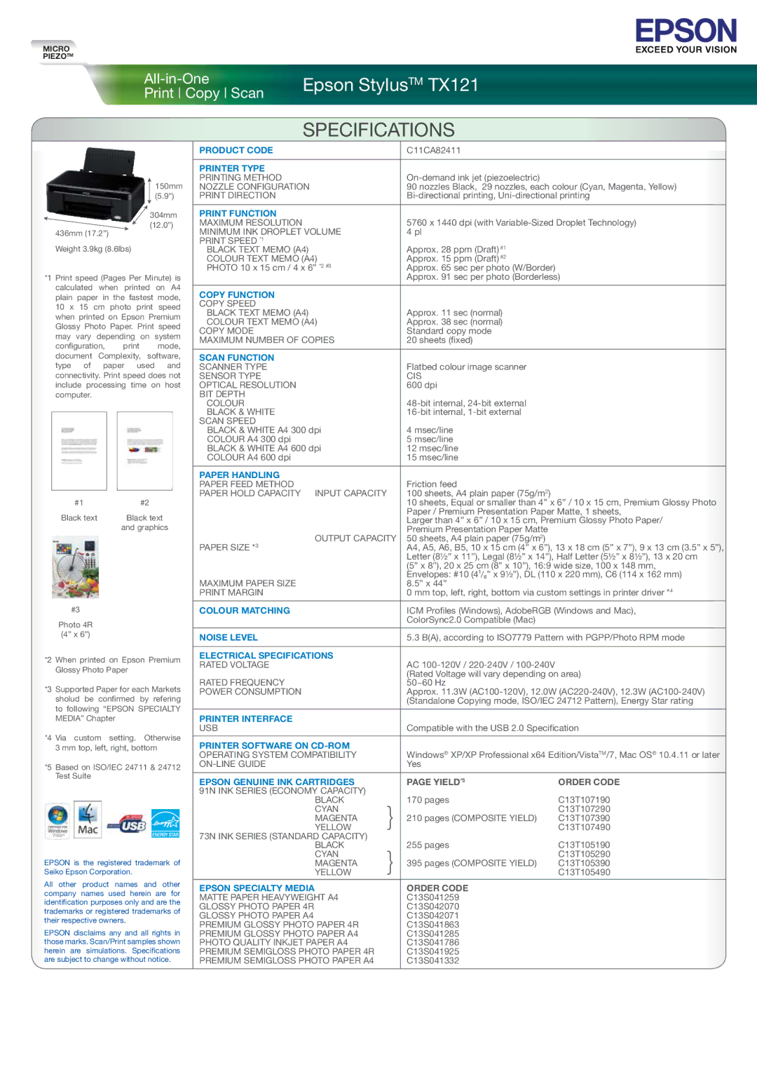 Epson TX121 manual Specifications 