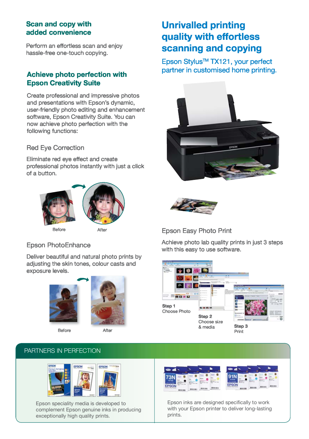 Epson TX121 manual Achieve photo perfection with Epson Creativity Suite, Partners In Perfection, Red Eye Correction 