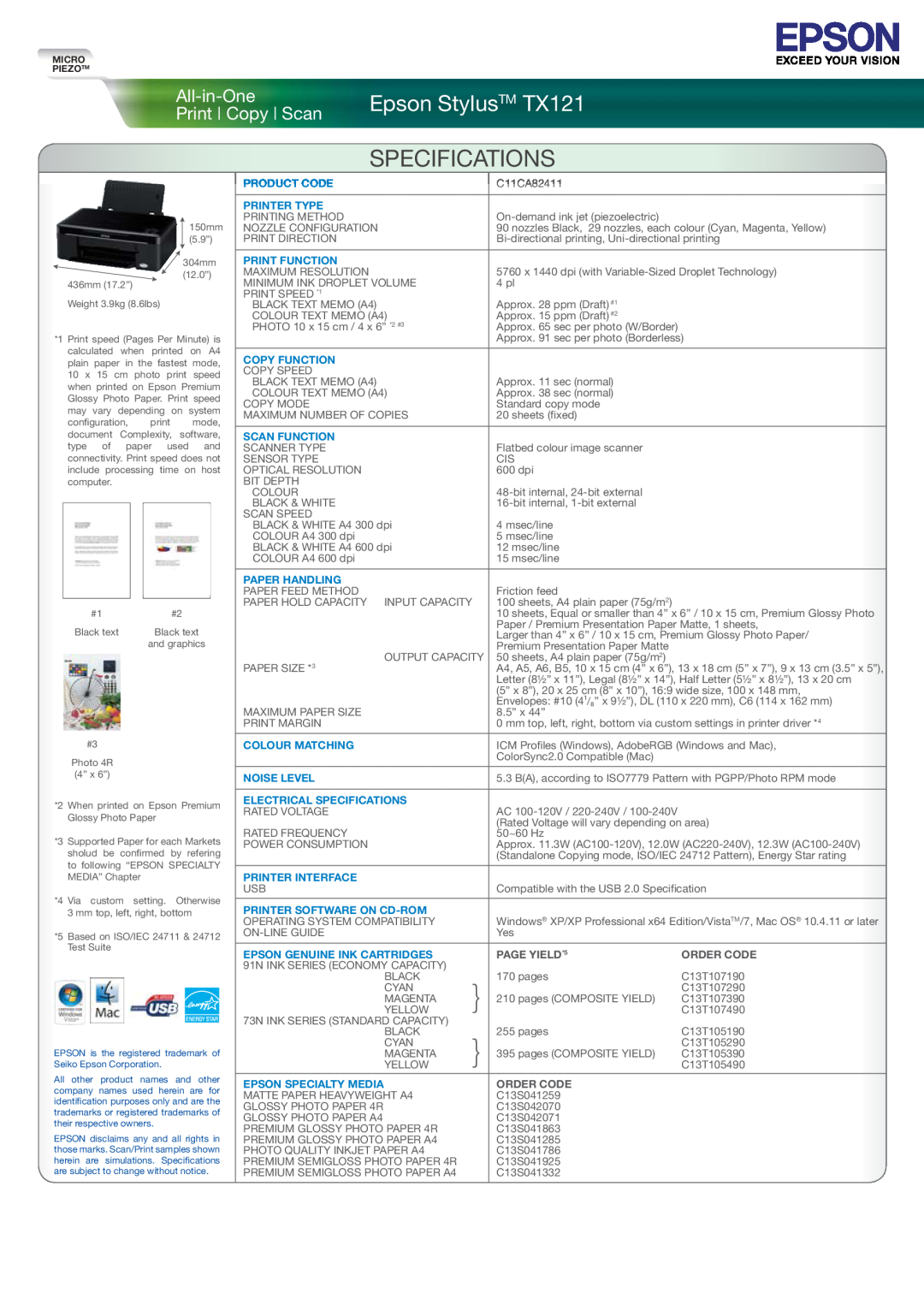 Epson manual All-in-One, Print Copy Scan, Specifications, Epson Stylus TM TX121, PAGE YIELD*5, Order Code 