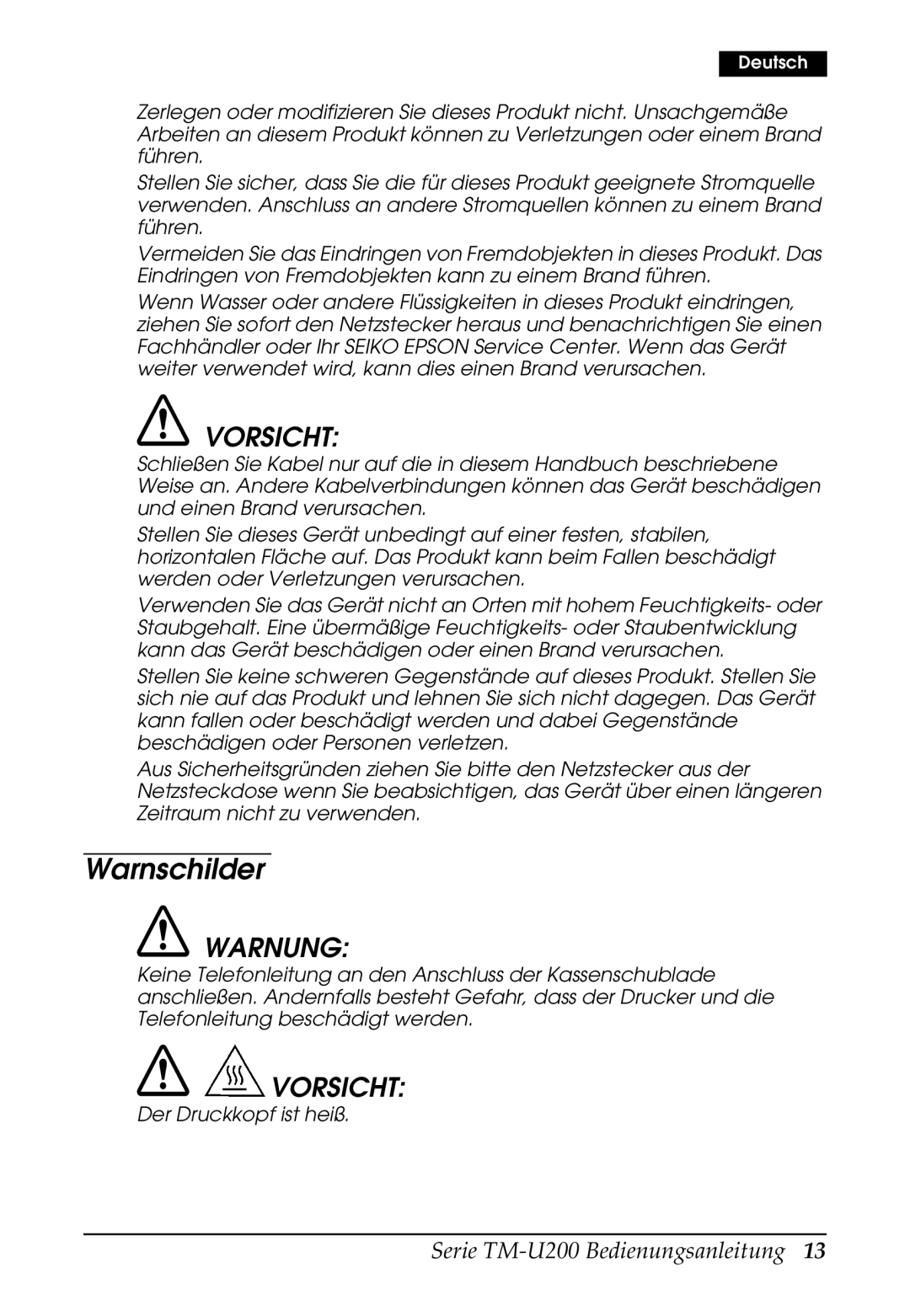 Epson U200 user manual Warnschilder, Vorsicht 