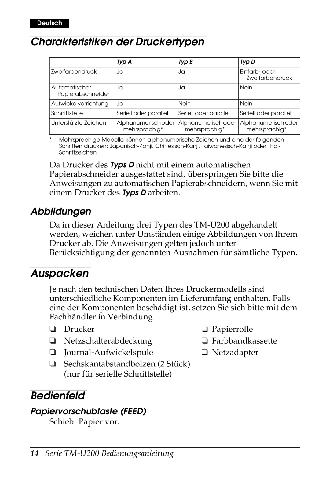 Epson U200 user manual Charakteristiken der Druckertypen, Auspacken, Bedienfeld, Abbildungen, Papiervorschubtaste Feed 