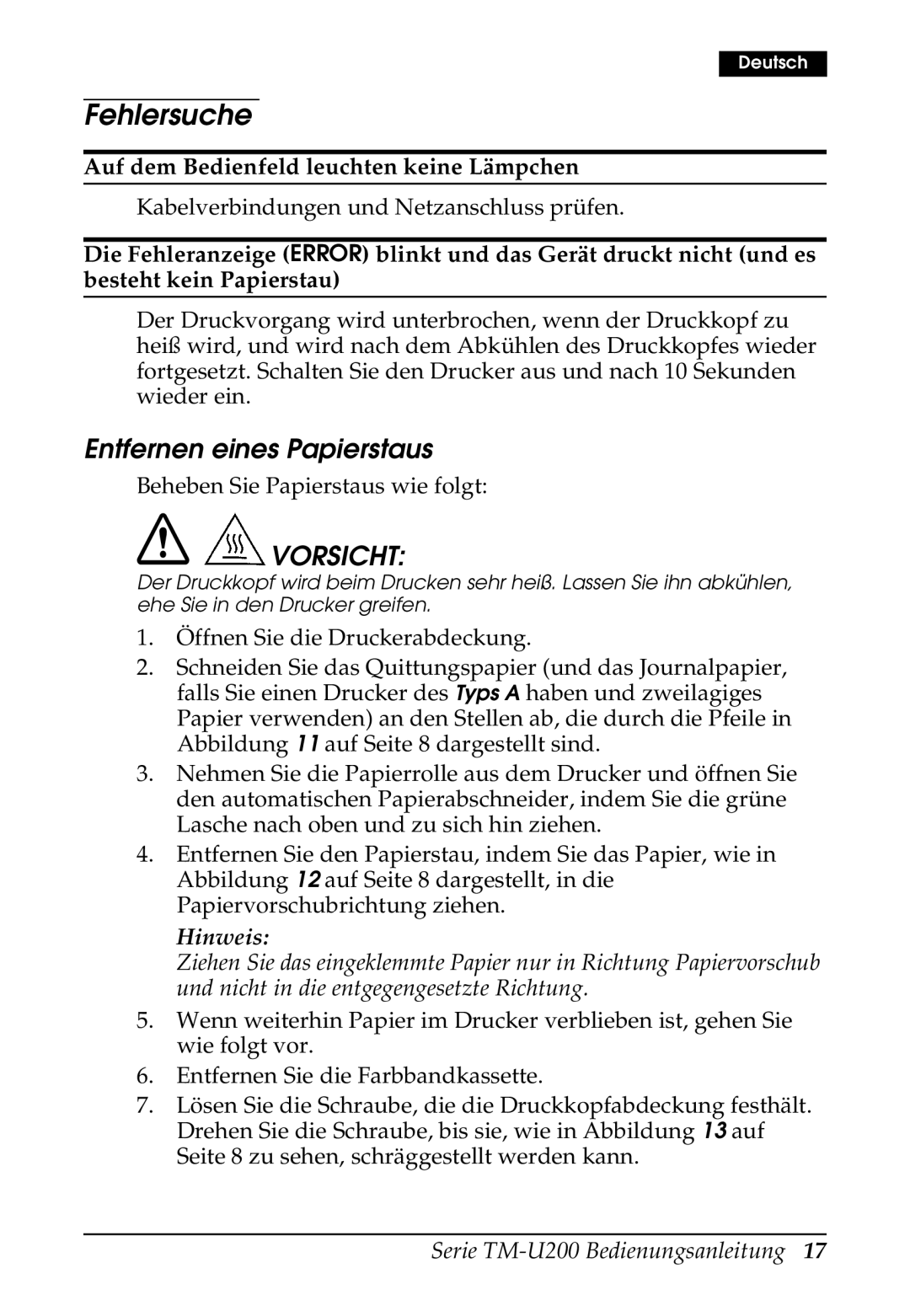 Epson U200 user manual Fehlersuche, Entfernen eines Papierstaus 