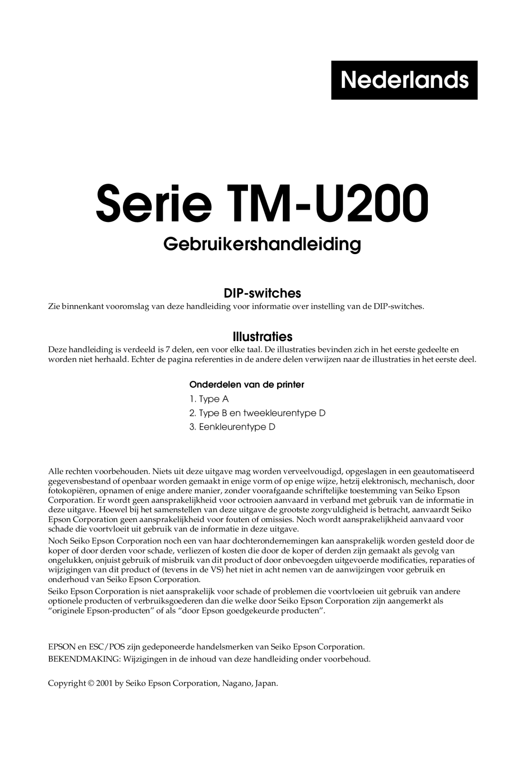 Epson user manual Gebruikershandleiding voor de Serie TM-U200 