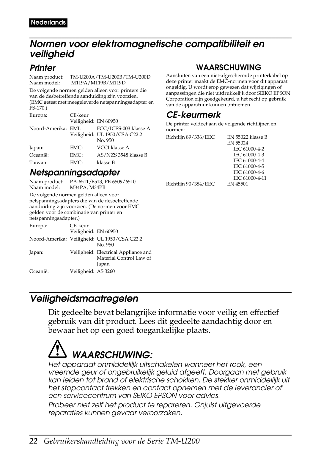 Epson U200 user manual Veiligheidsmaatregelen, Waarschuwing, Netspanningsadapter, CE-keurmerk 