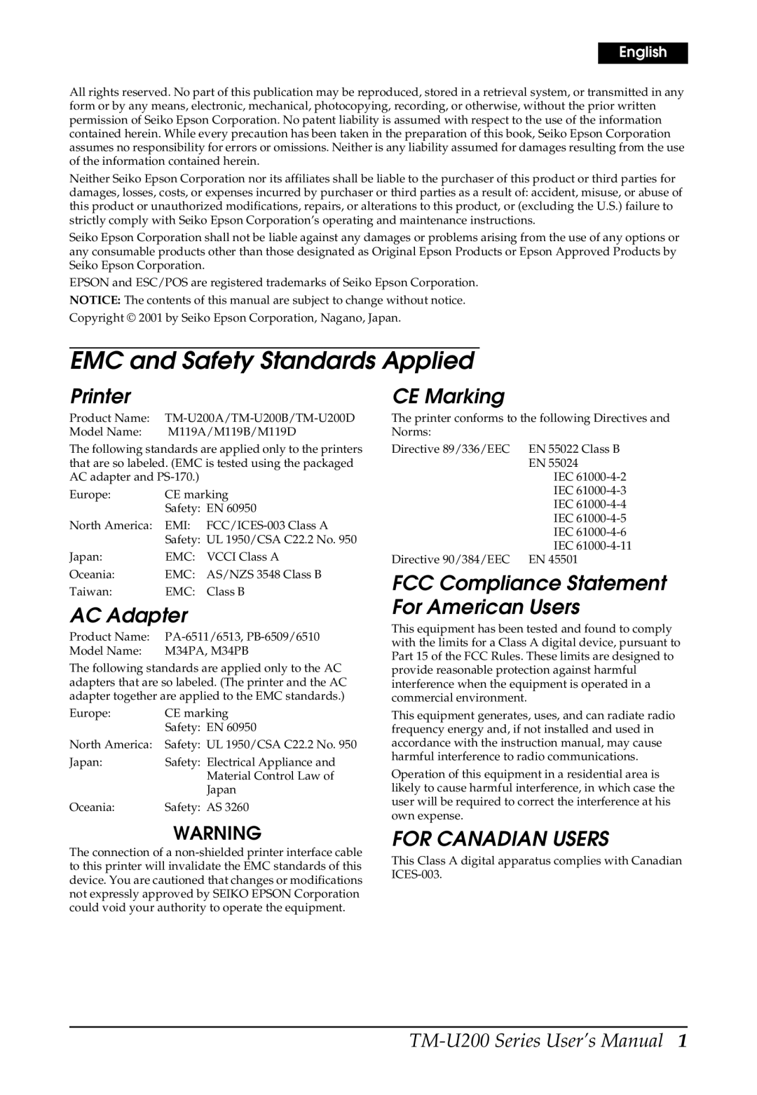 Epson U200 EMC and Safety Standards Applied, Printer, AC Adapter, CE Marking, FCC Compliance Statement For American Users 