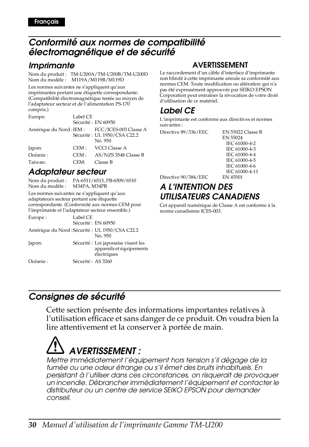 Epson U200 user manual Consignes de sécurité, Avertissement, Imprimante, Adaptateur secteur, Label CE 