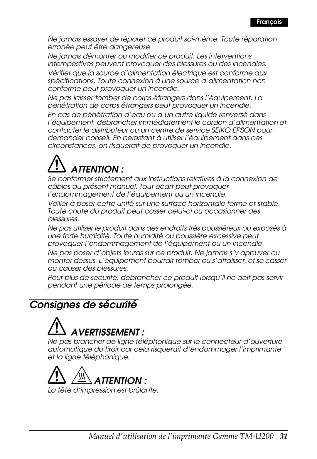 Epson U200 user manual Consignes de sécurité 