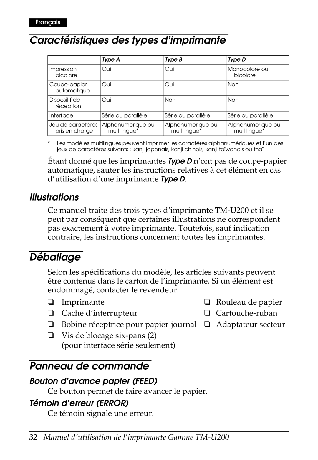 Epson U200 user manual Caractéristiques des types d’imprimante, Déballage, Panneau de commande, Bouton d’avance papier Feed 