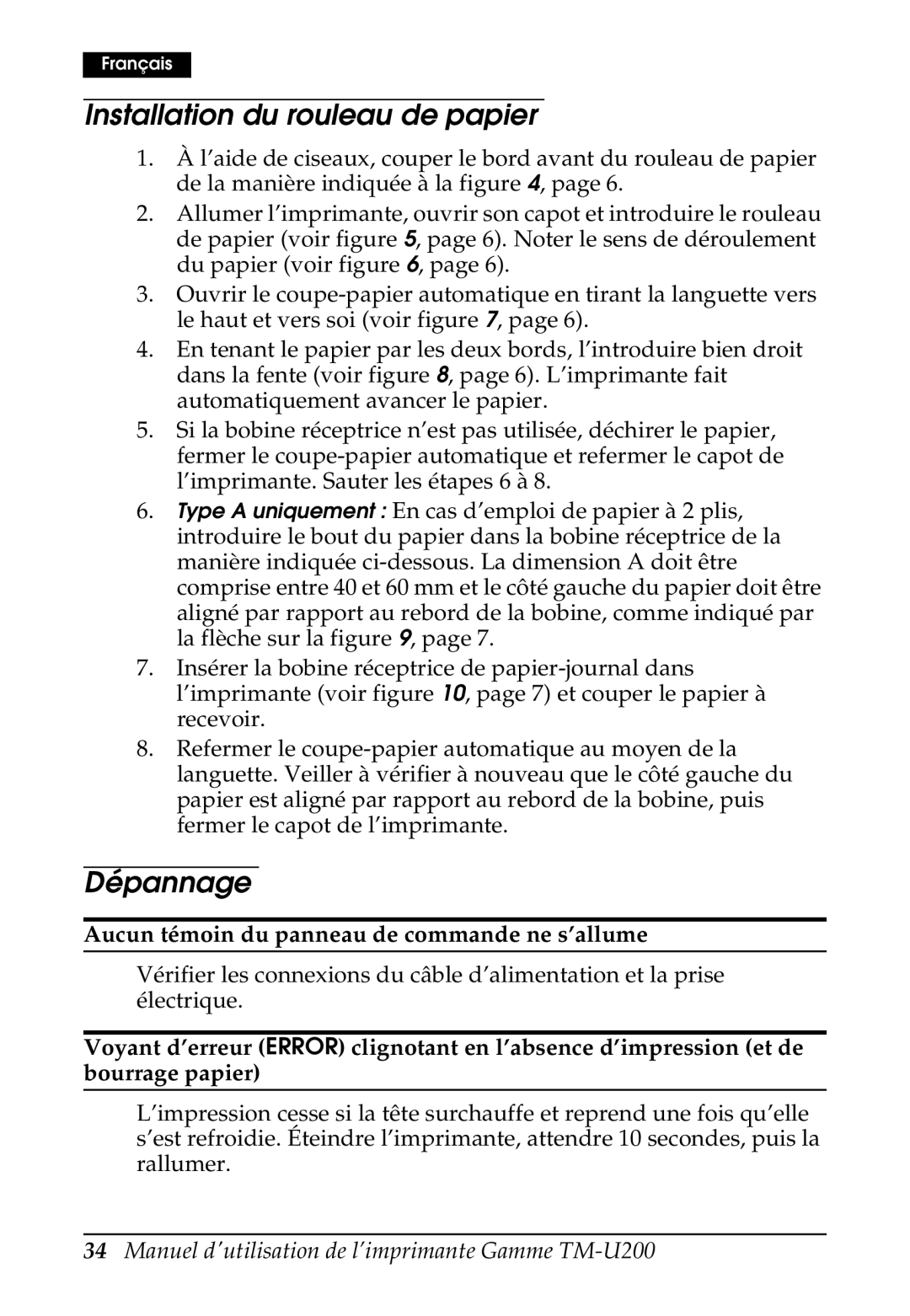 Epson U200 user manual Installation du rouleau de papier, Dépannage 