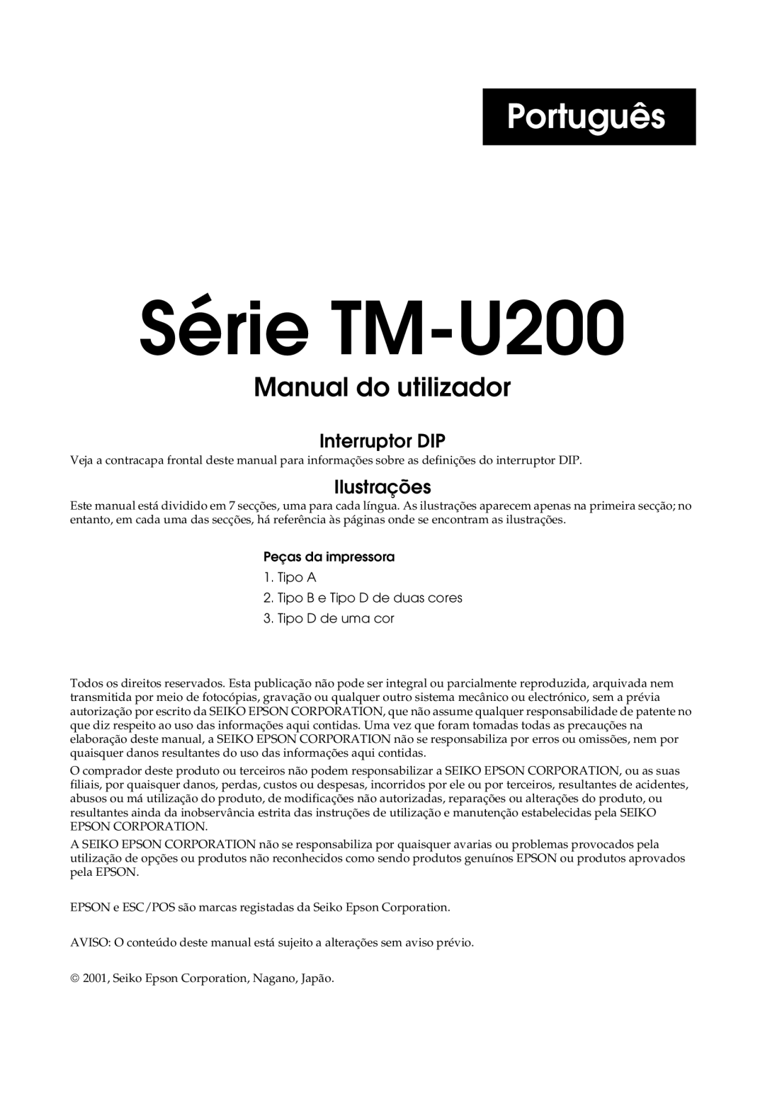 Epson user manual Série TM-U200 Manual do utilizador 