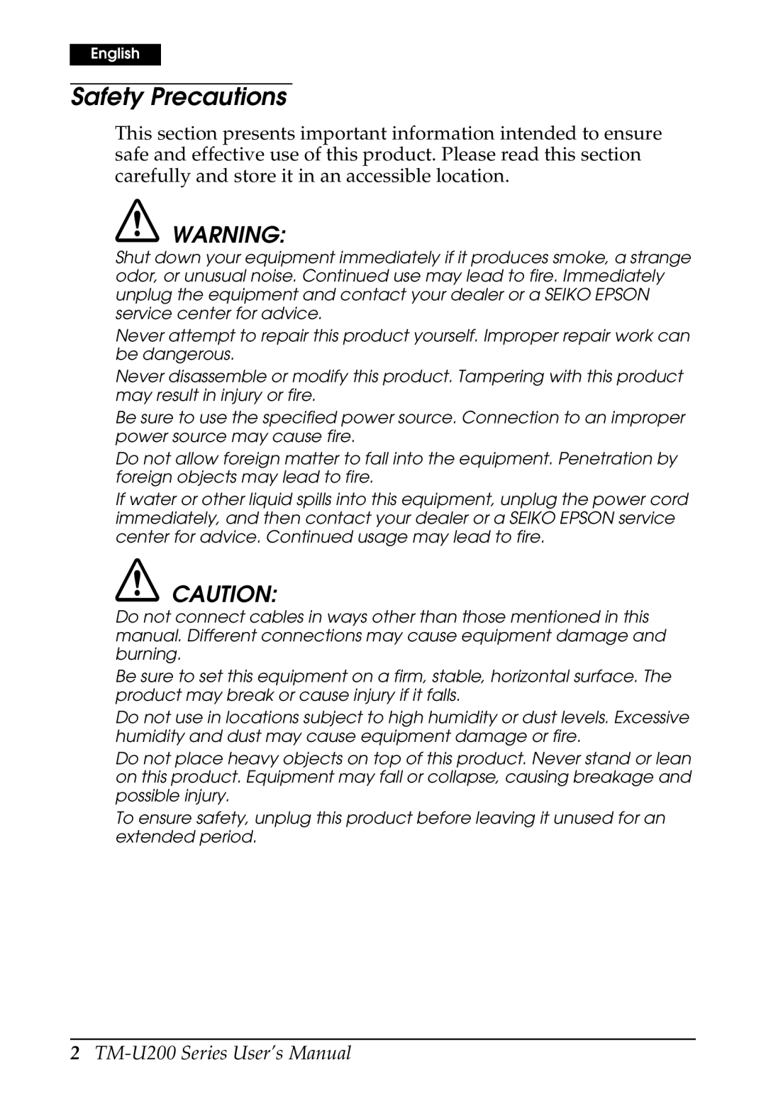 Epson U200 user manual Safety Precautions 