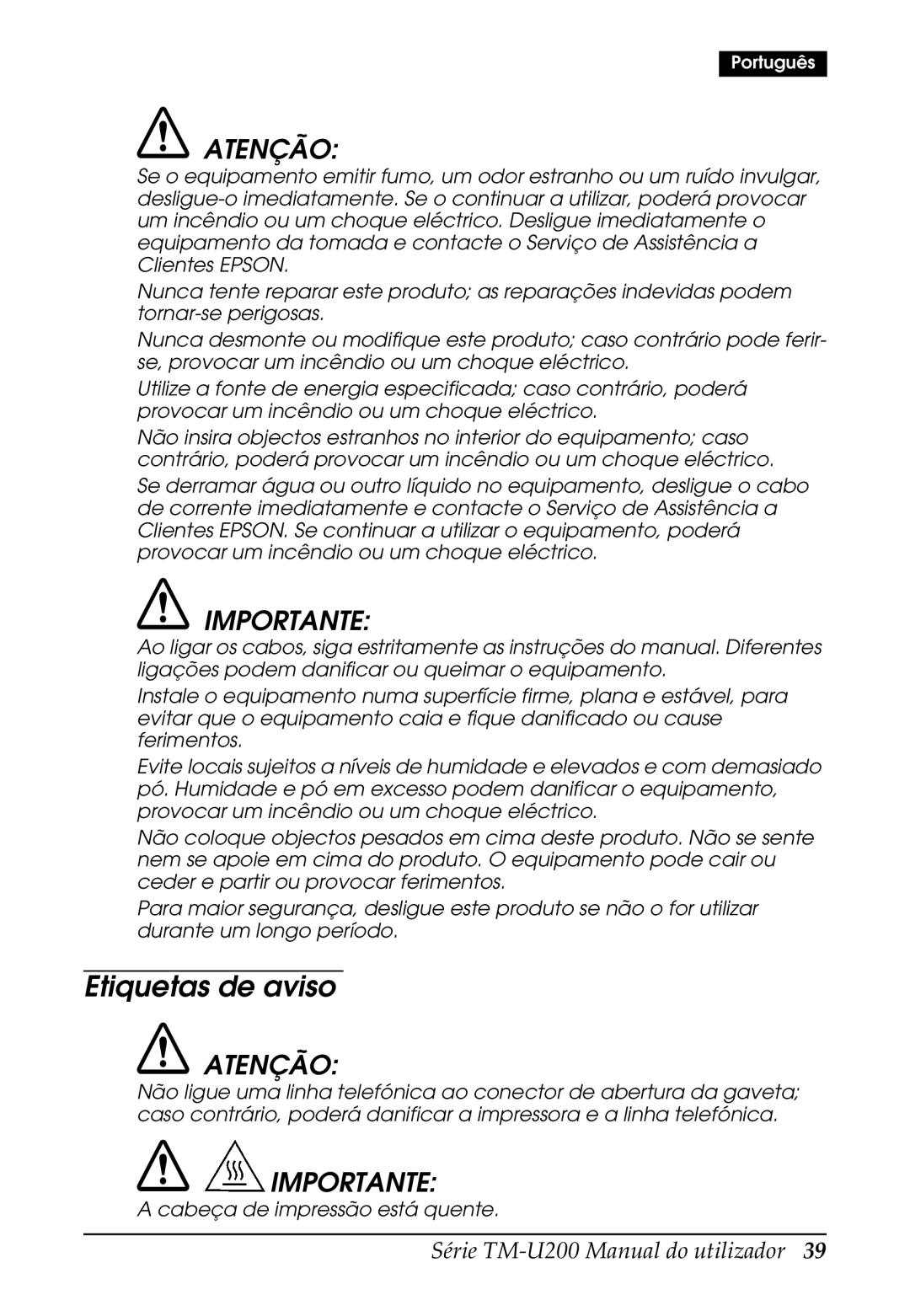 Epson U200 user manual Etiquetas de aviso, Atenção, Importante 