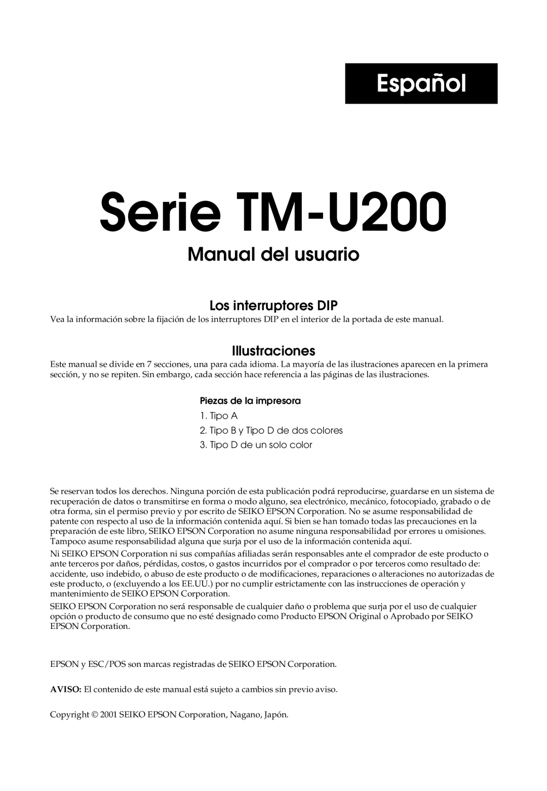 Epson user manual Manual del usuario del Serie TM-U200 