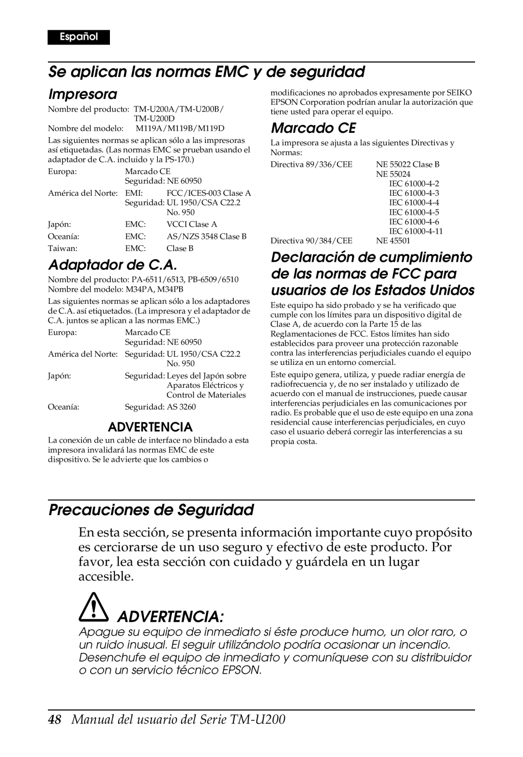 Epson U200 user manual Se aplican las normas EMC y de seguridad, Precauciones de Seguridad, Advertencia 