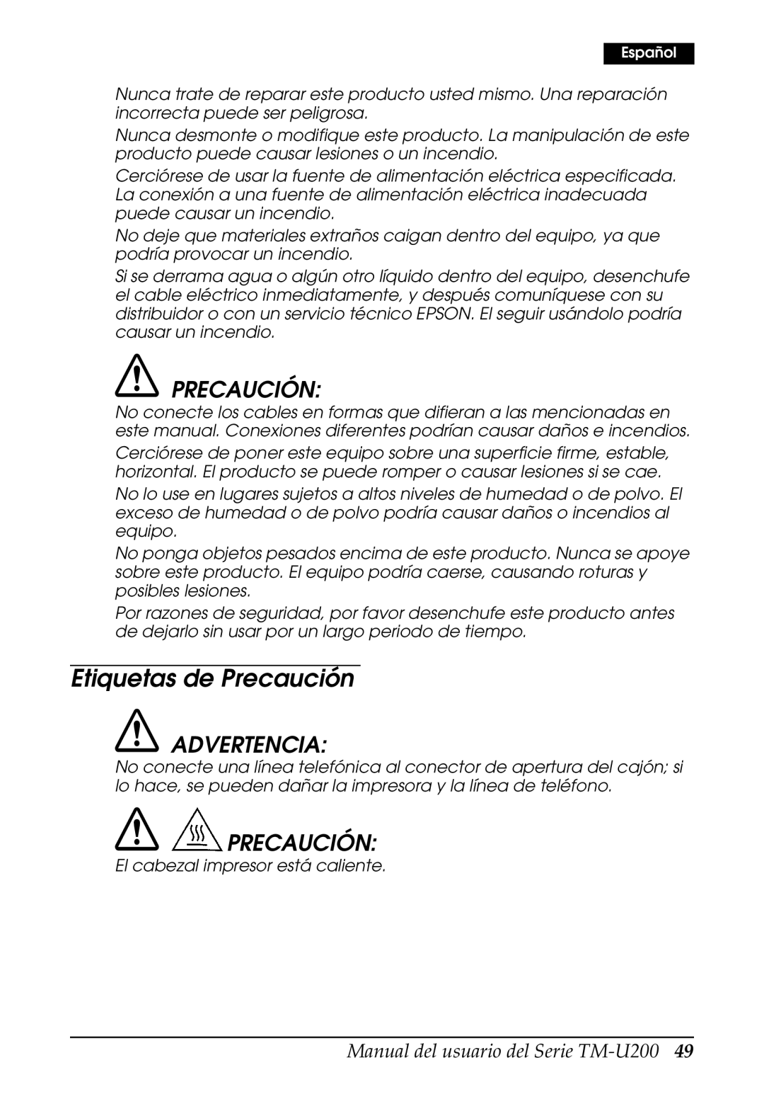 Epson U200 user manual Etiquetas de Precaución 