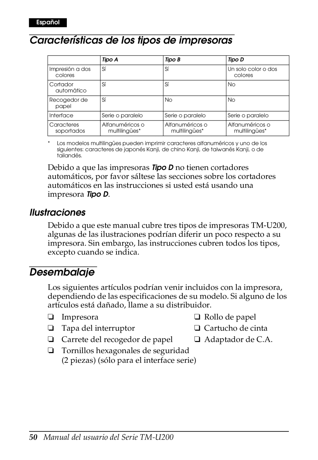 Epson U200 user manual Características de los tipos de impresoras, Desembalaje, Ilustraciones 