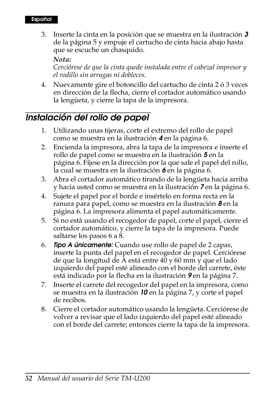 Epson U200 user manual Instalación del rollo de papel 