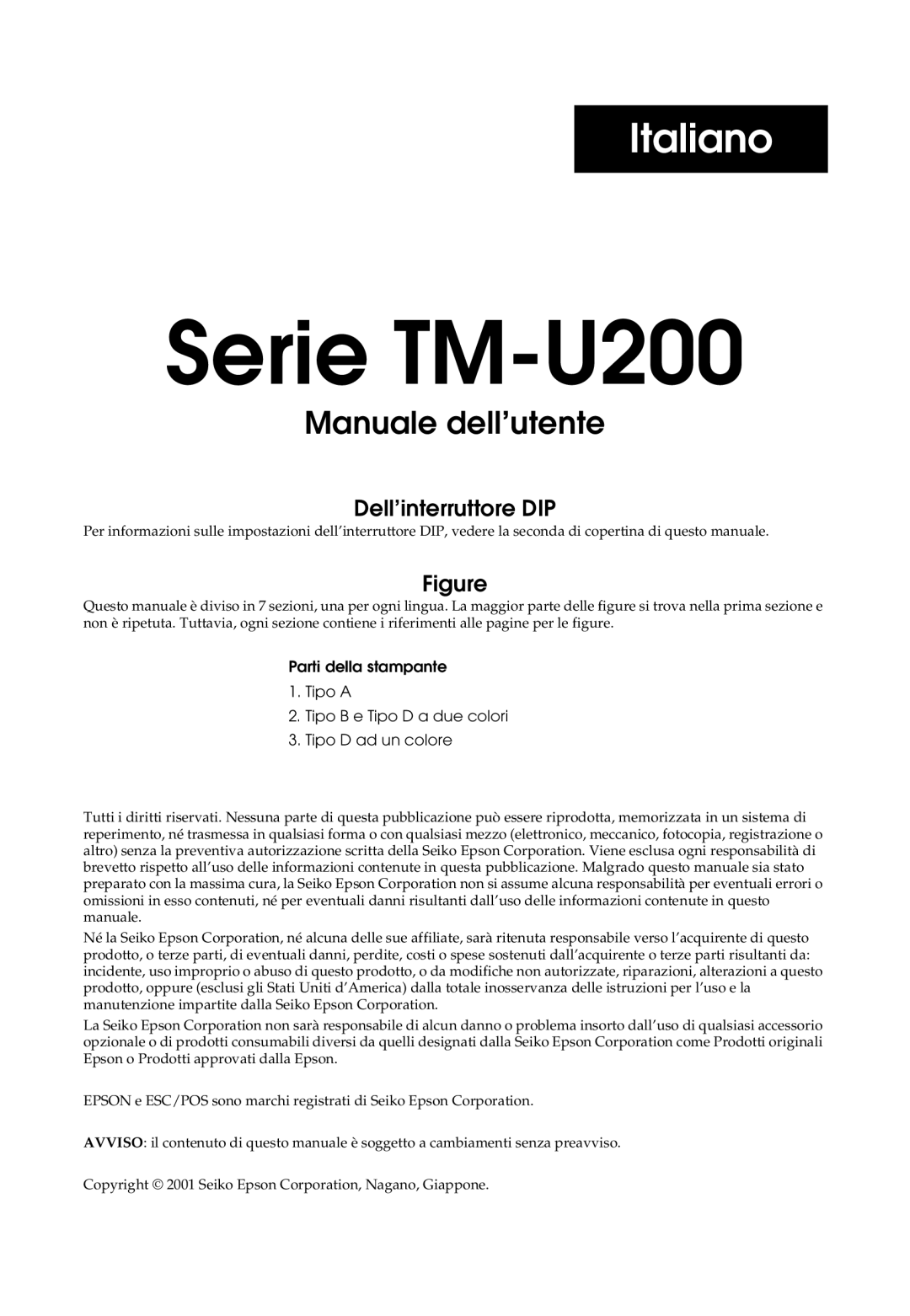 Epson user manual Serie TM-U200 Manuale dell’utente 