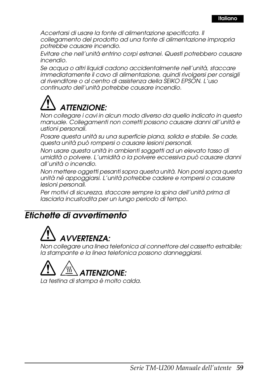 Epson U200 user manual Etichette di avvertimento, Attenzione 