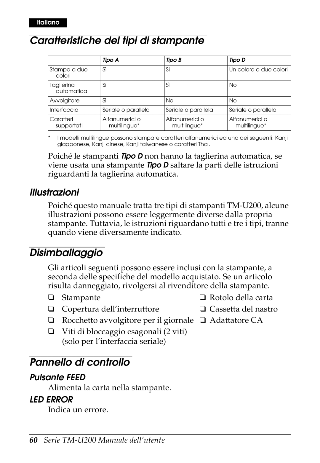 Epson U200 Caratteristiche dei tipi di stampante, Disimballaggio, Pannello di controllo, Illustrazioni, Pulsante Feed 