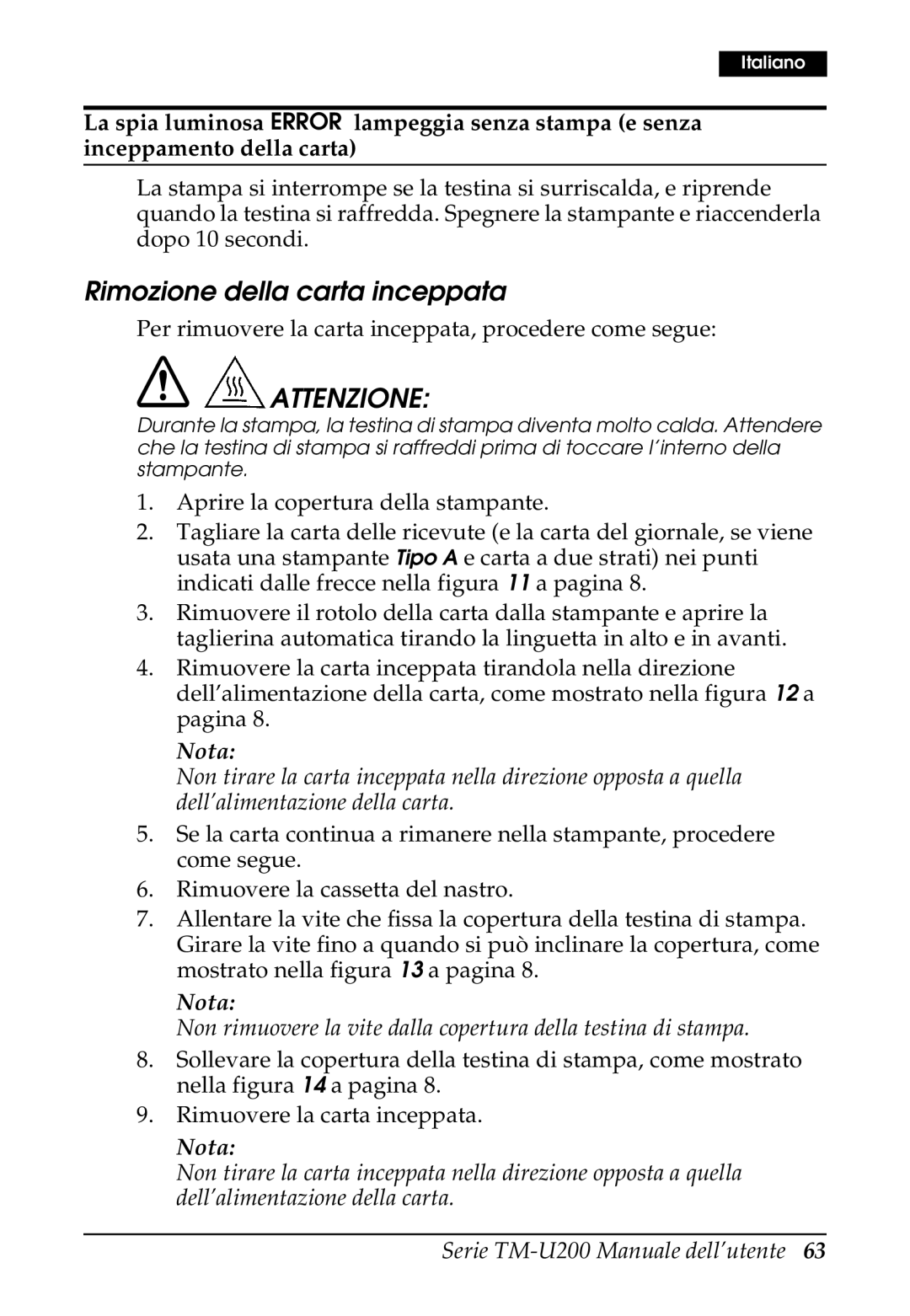 Epson U200 user manual Rimozione della carta inceppata 