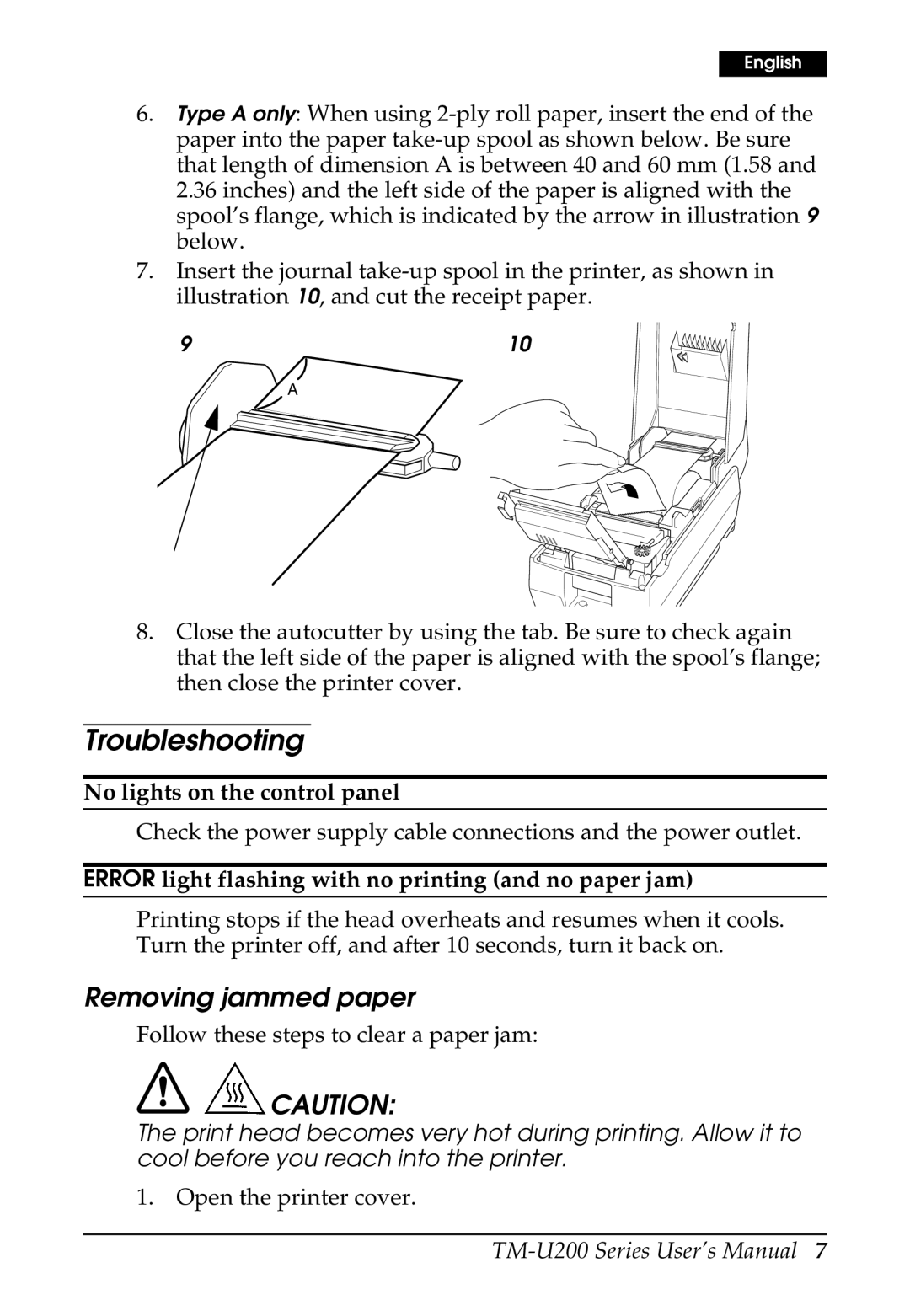 Epson U200 user manual Troubleshooting, Removing jammed paper 