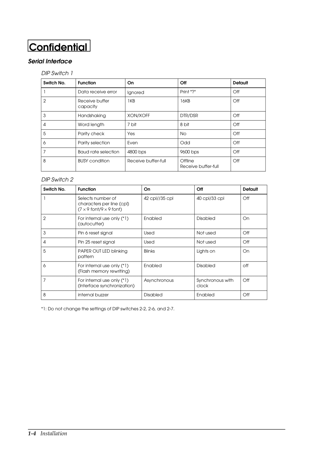 Epson U230 manual Serial Interface, DIP Switch 
