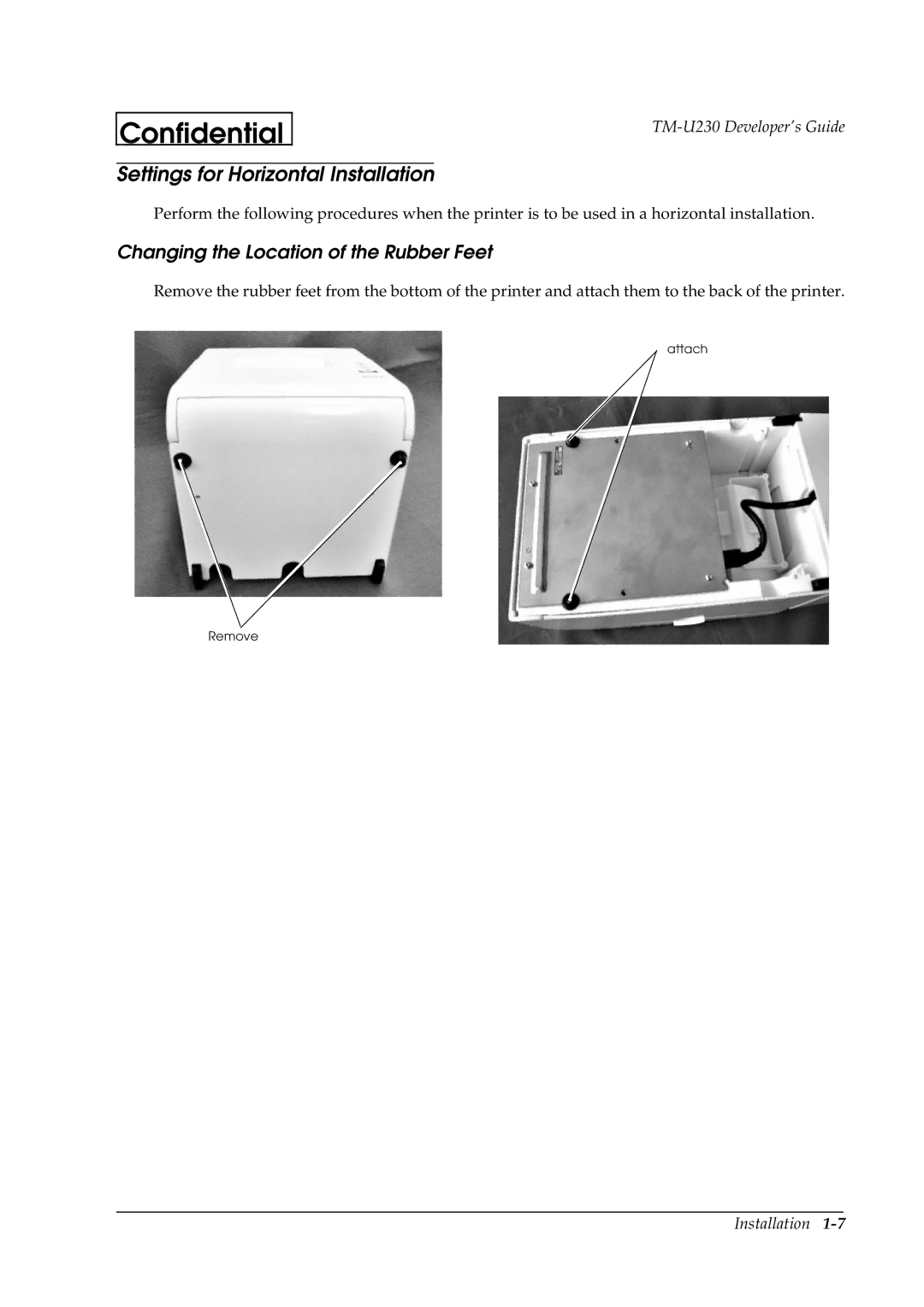 Epson U230 manual Settings for Horizontal Installation, Changing the Location of the Rubber Feet 