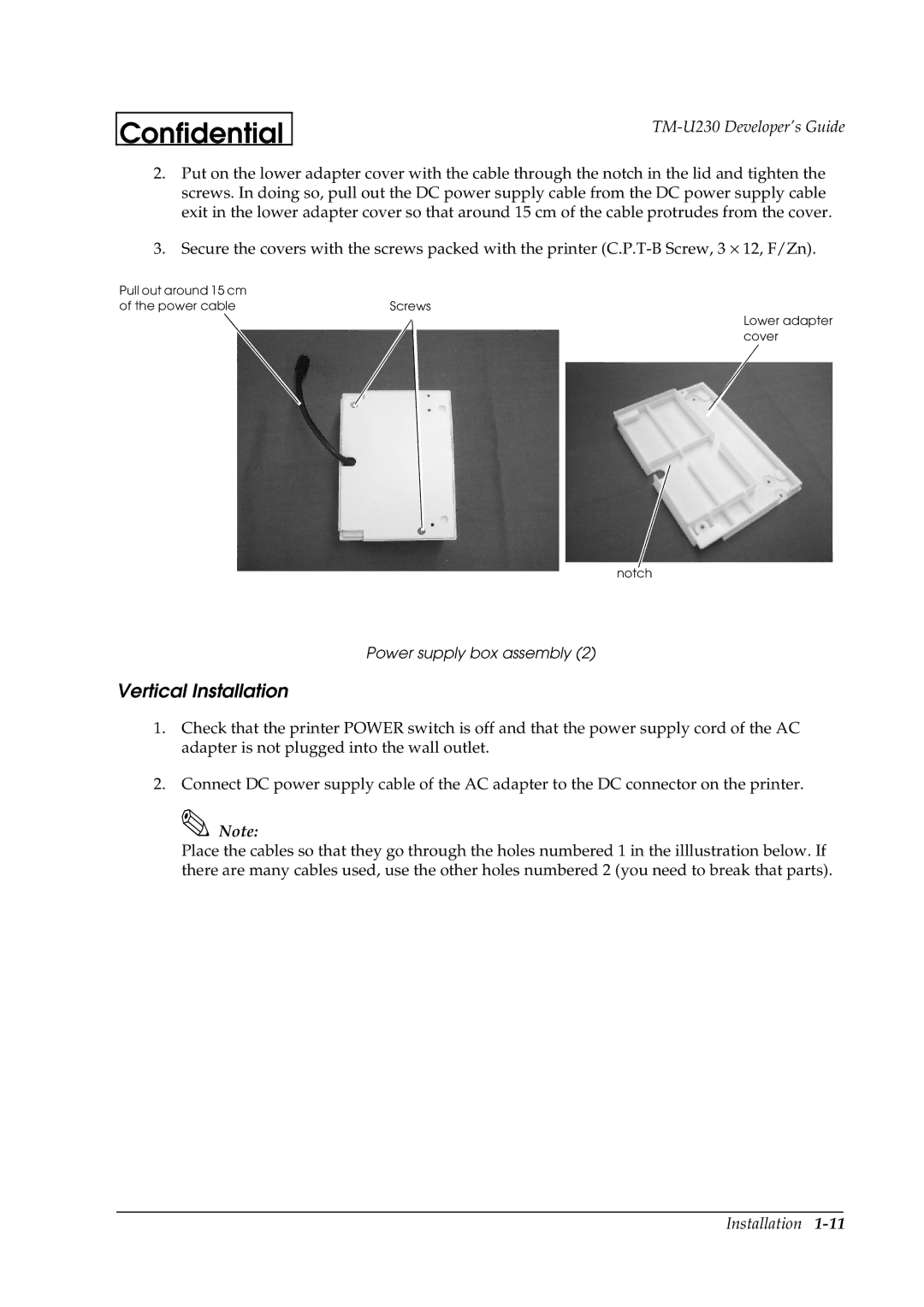 Epson U230 manual Vertical Installation 