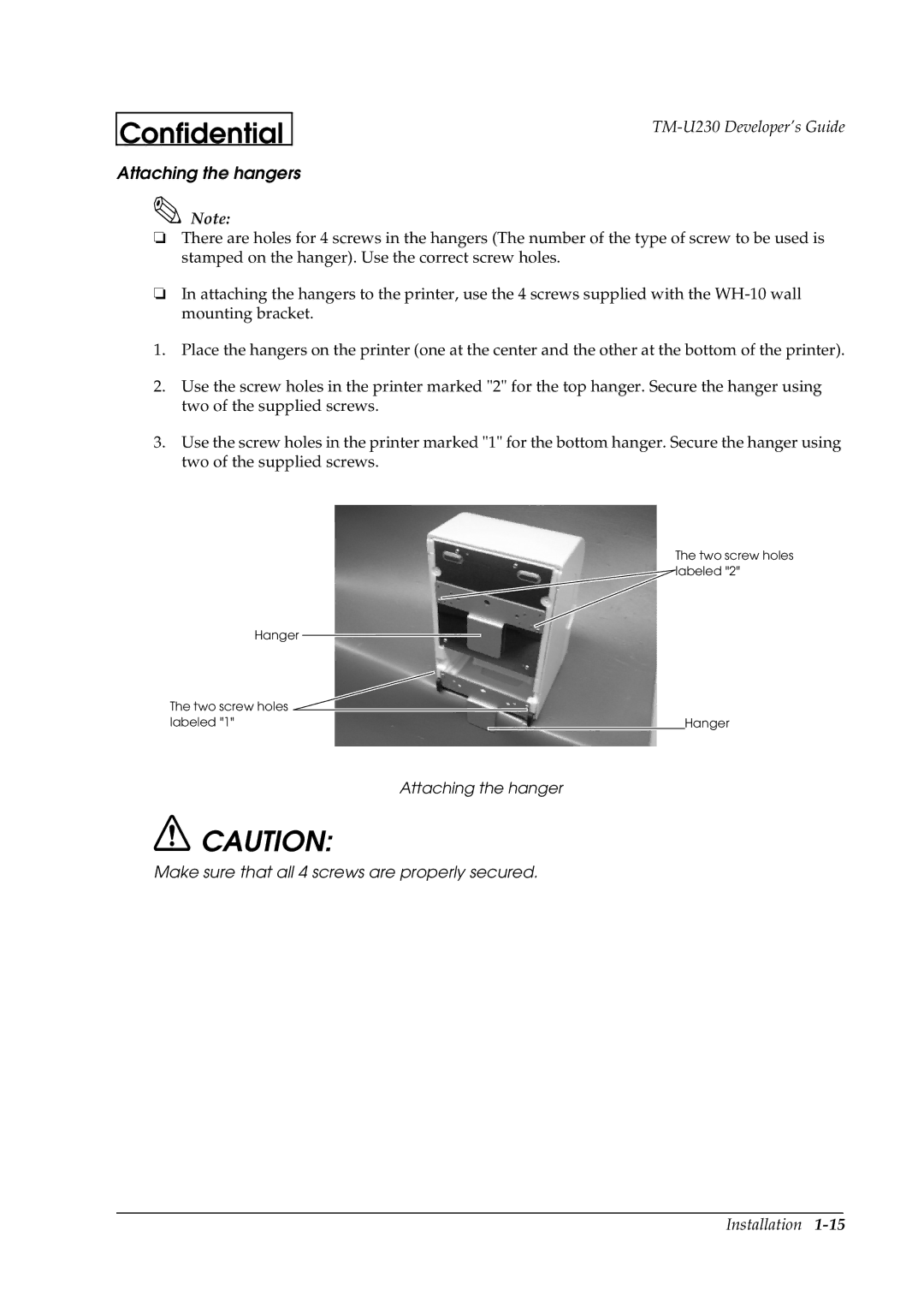 Epson U230 manual Attaching the hangers 