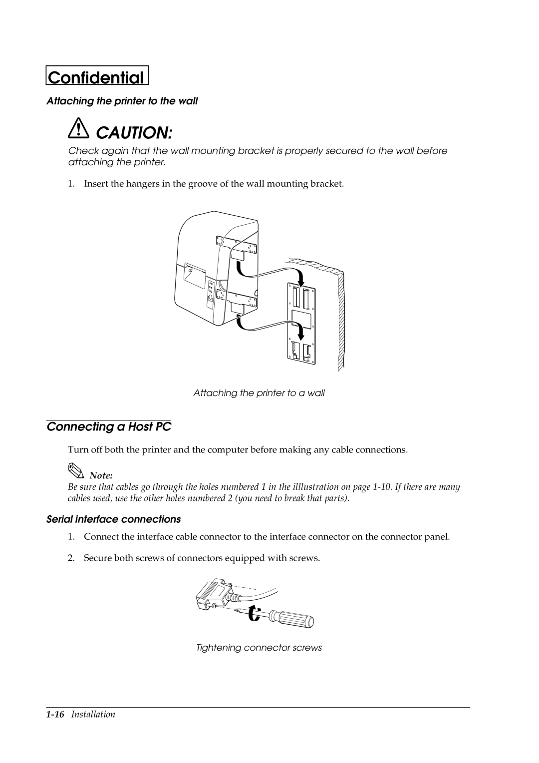 Epson U230 manual Connecting a Host PC, Attaching the printer to the wall, Serial interface connections 