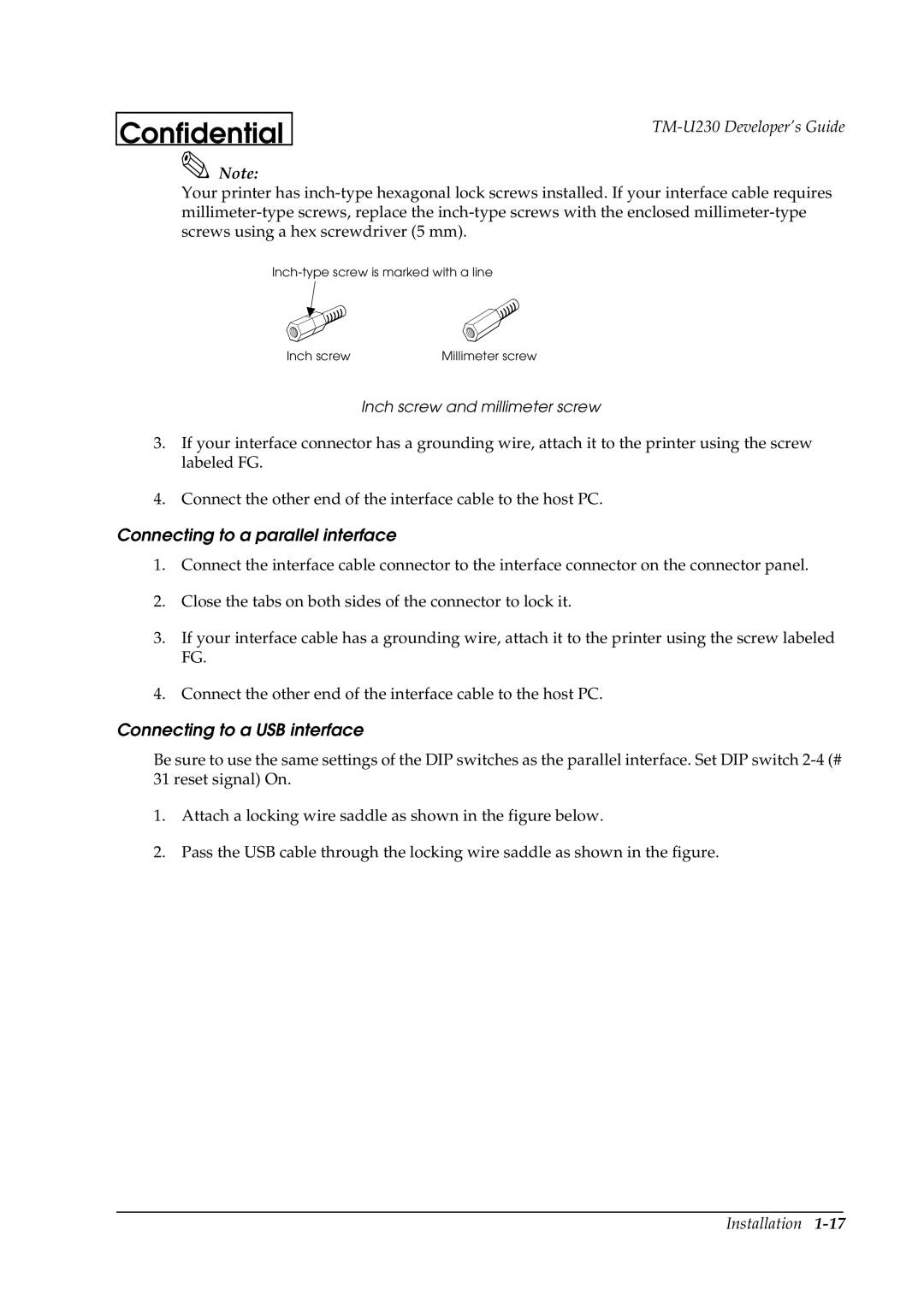 Epson U230 manual Connecting to a parallel interface, Connecting to a USB interface 