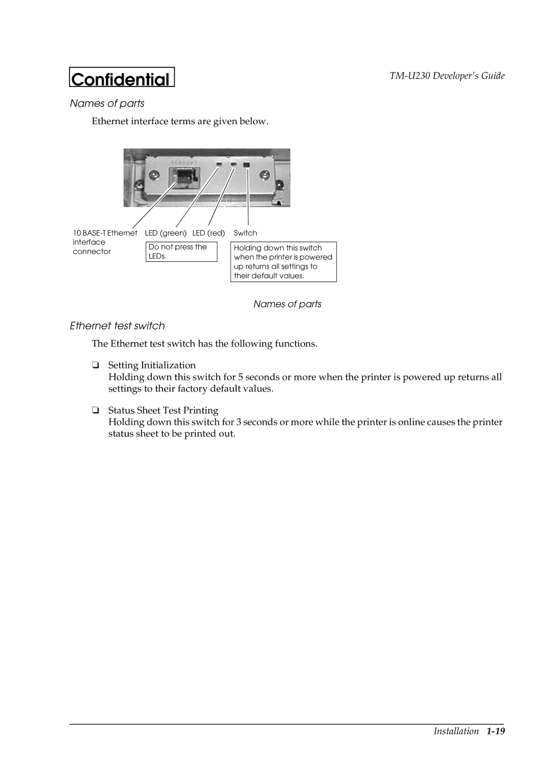 Epson U230 manual Names of parts, Ethernet test switch 