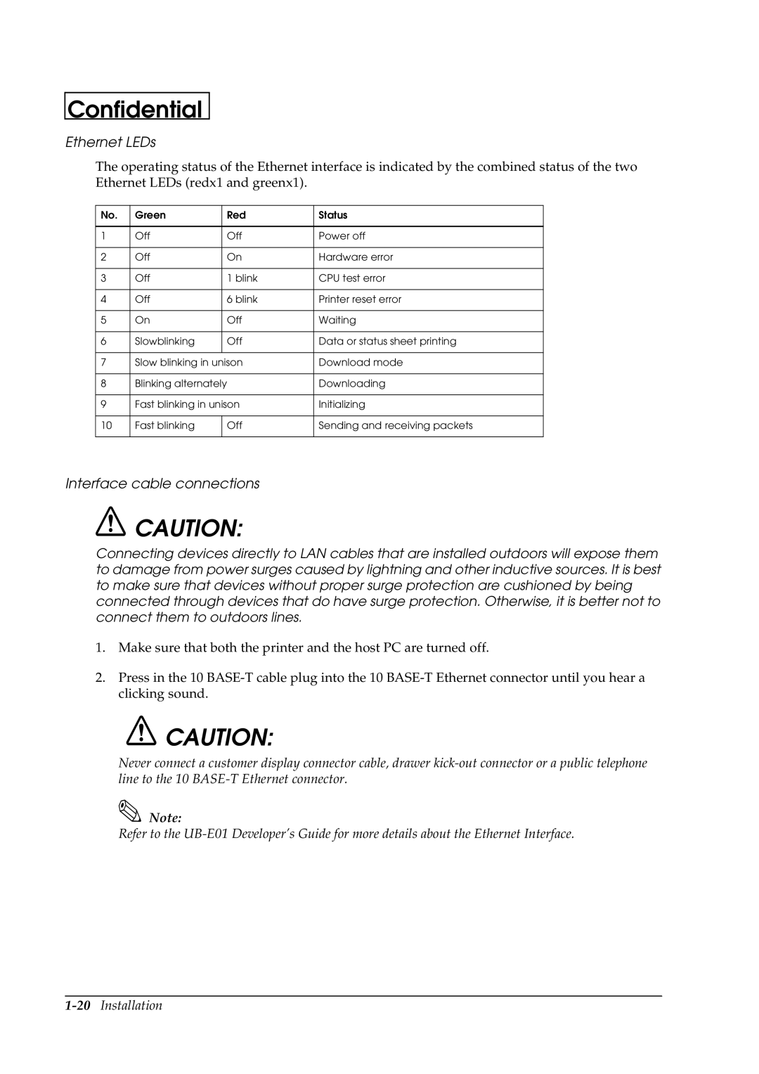 Epson U230 manual Ethernet LEDs, Interface cable connections 