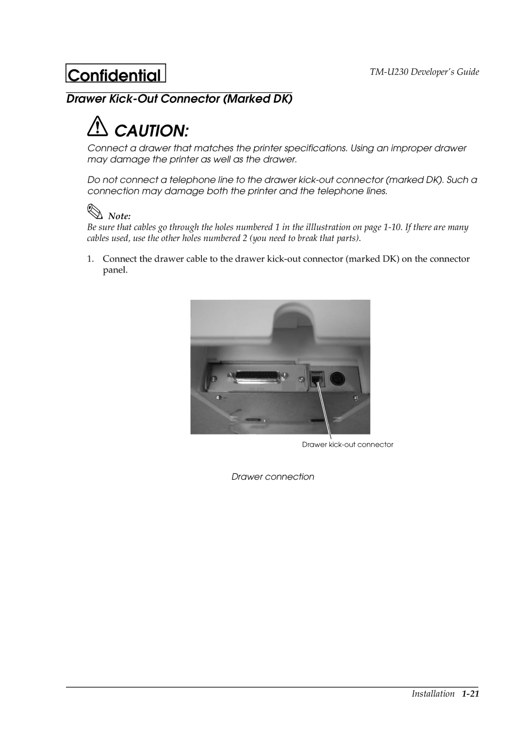 Epson U230 manual Drawer Kick-Out Connector Marked DK 