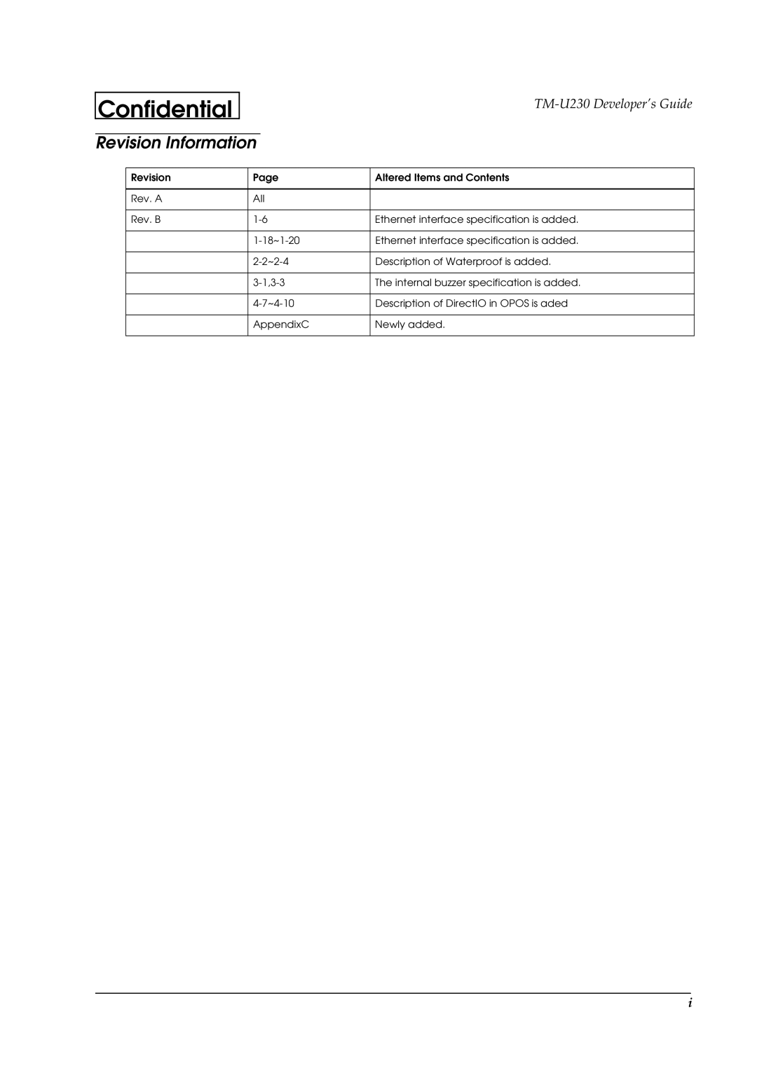 Epson U230 manual Revision Information 