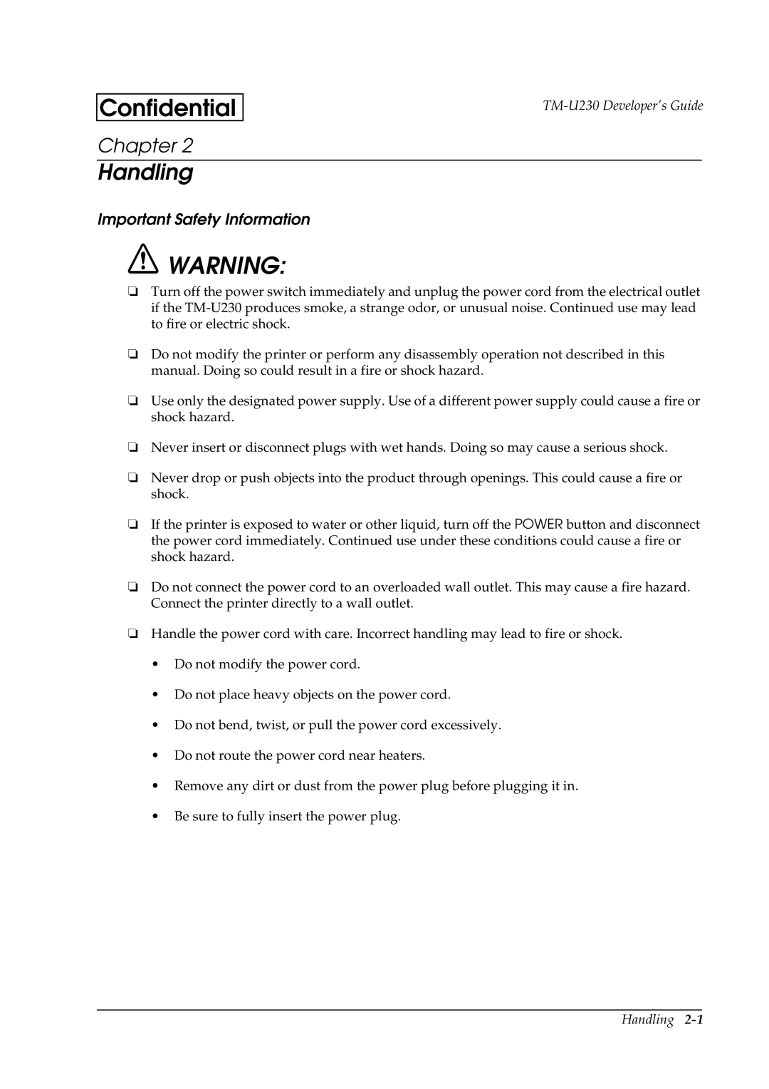 Epson U230 manual Handling, Important Safety Information 