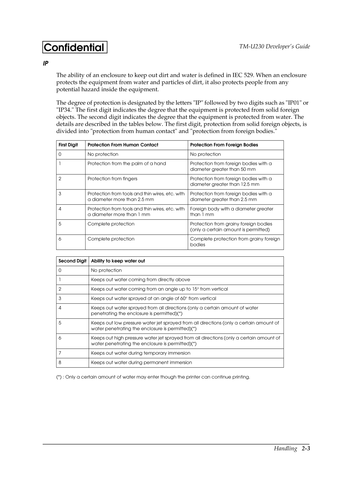 Epson U230 manual Second Digit Ability to keep water out 
