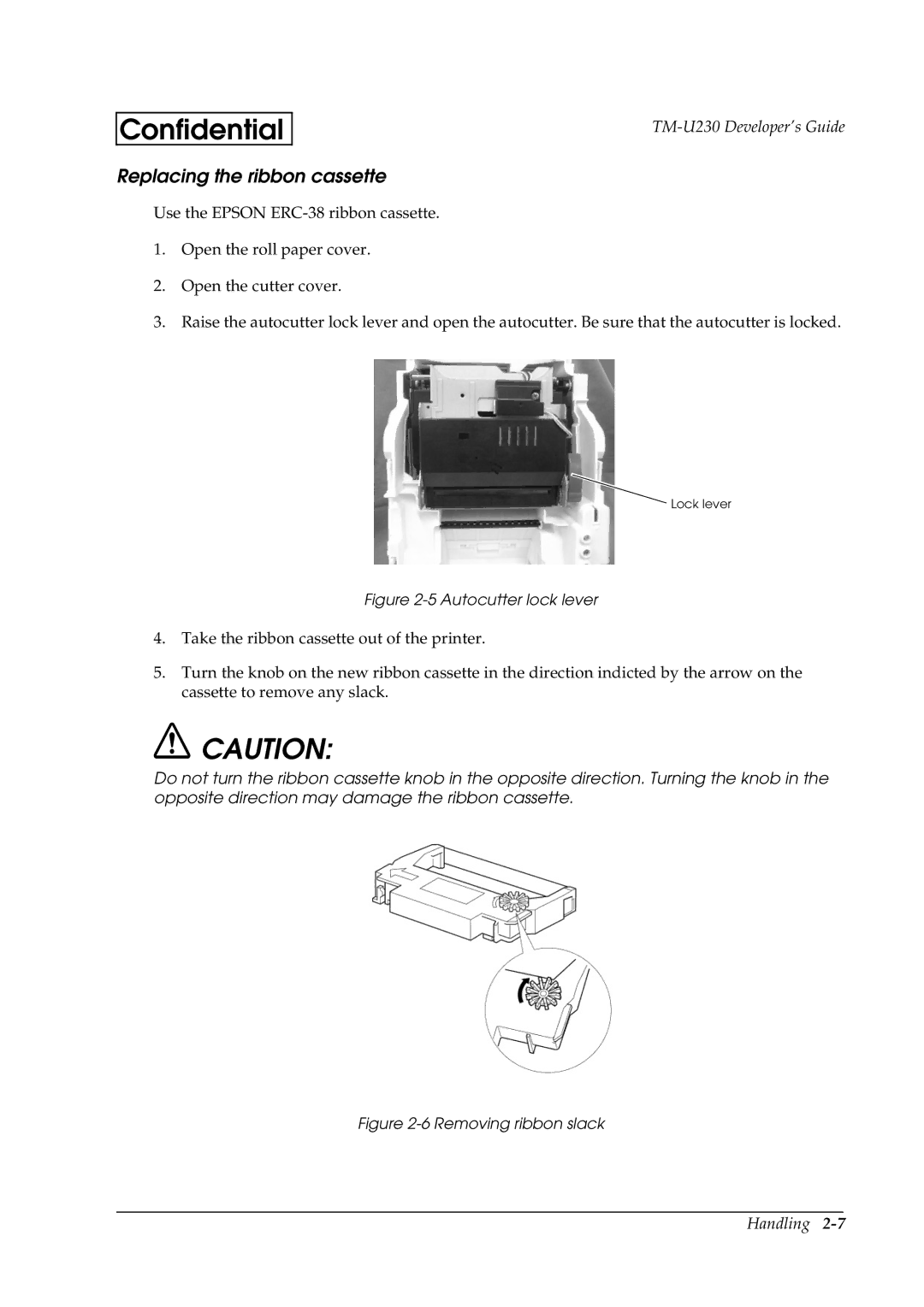 Epson U230 manual Replacing the ribbon cassette, Autocutter lock lever 