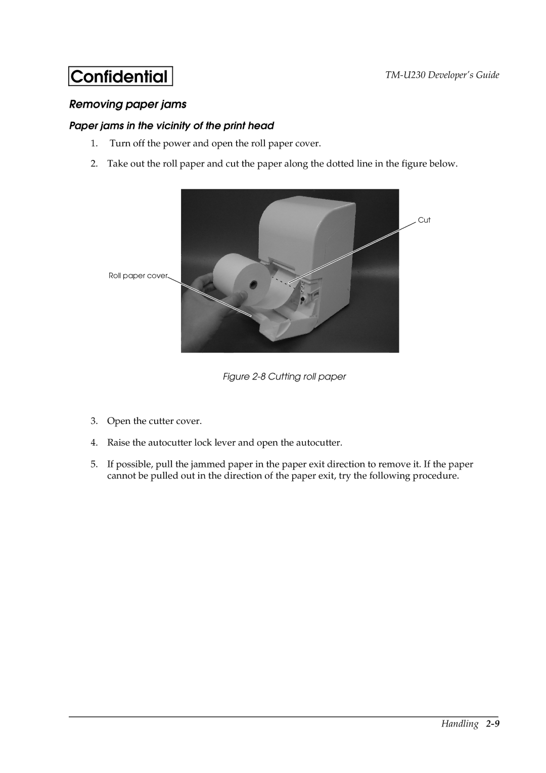 Epson U230 manual Removing paper jams, Paper jams in the vicinity of the print head 