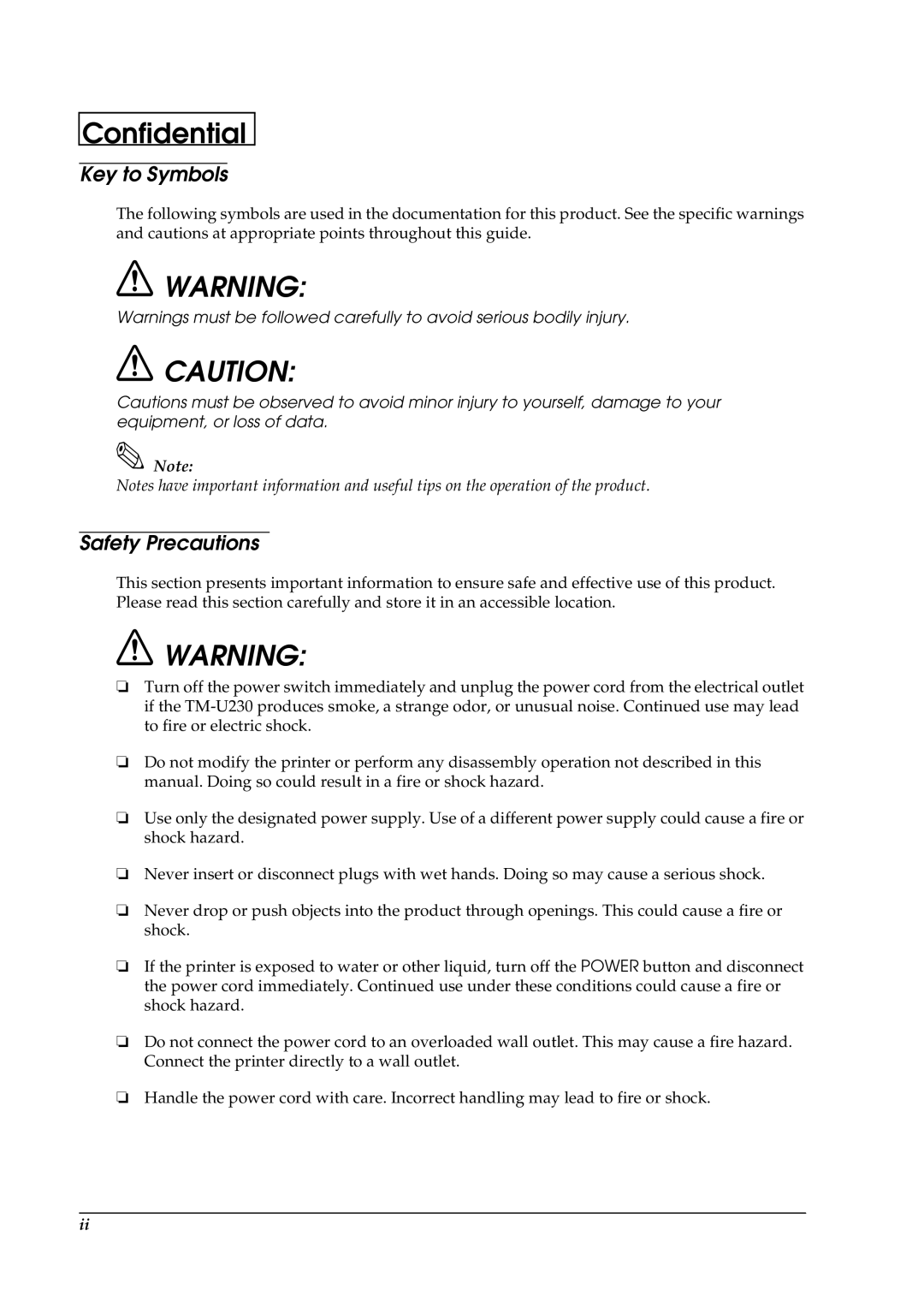 Epson U230 manual Key to Symbols, Safety Precautions 