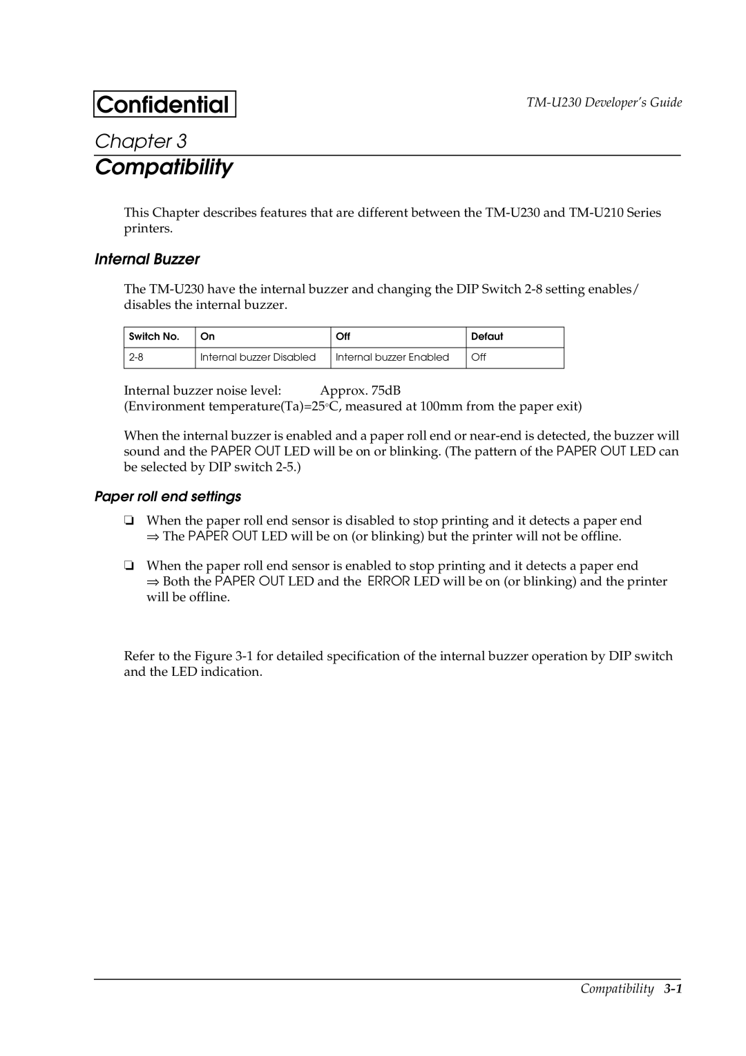 Epson U230 manual Internal Buzzer, Paper roll end settings 