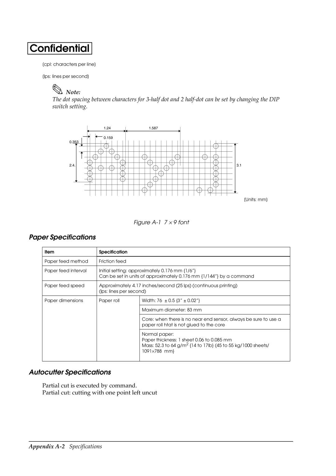 Epson U230 manual Paper Specifications, Autocutter Specifications 