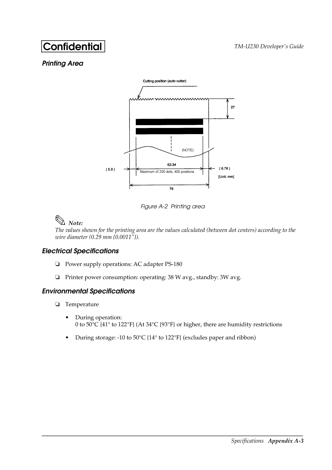 Epson U230 manual Printing Area, Electrical Specifications, Environmental Specifications 