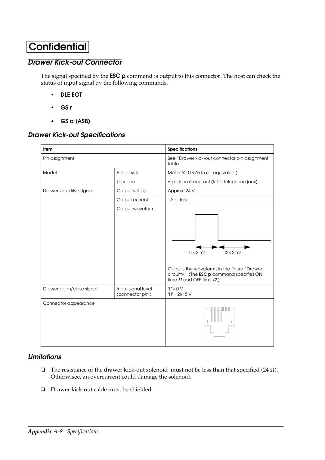 Epson U230 manual Drawer Kick-out Connector, Drawer Kick-out Specifications, Limitations 