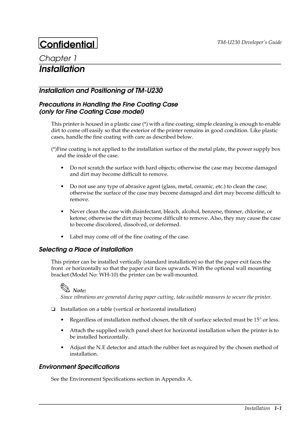 Epson manual Installation and Positioning of TM-U230, Selecting a Place of Installation, Environment Specifications 