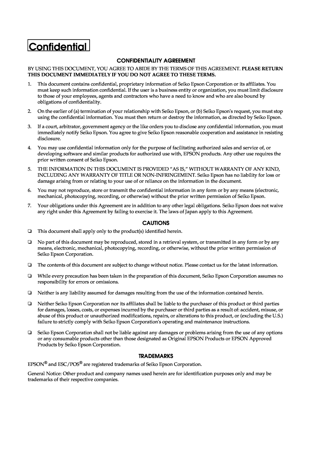 Epson U230 manual Confidentiality Agreement, Cautions, Trademarks 