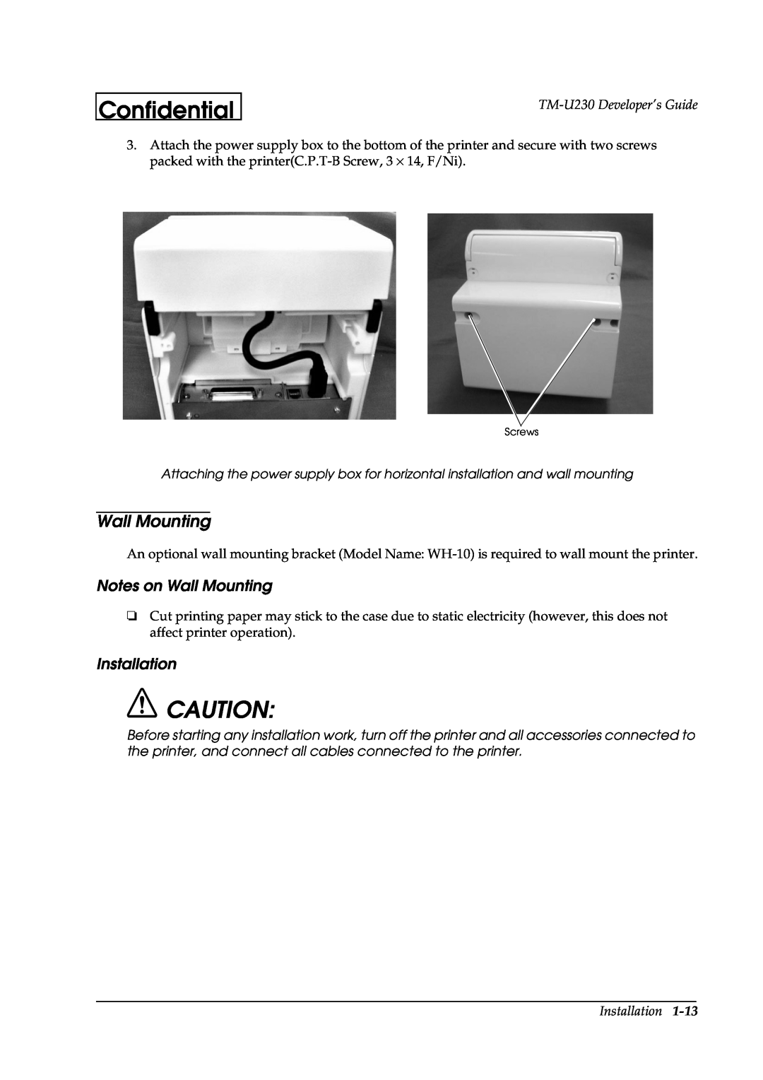 Epson manual Notes on Wall Mounting, Installation, Confidential, TM-U230 Developer’s Guide 