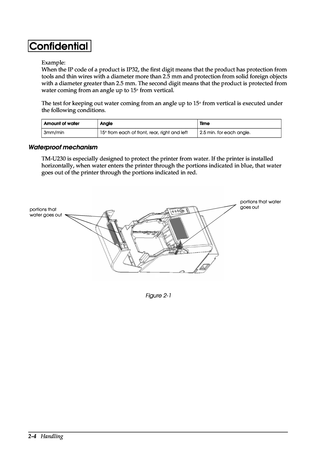 Epson U230 manual Waterproof mechanism, Handling, Confidential 