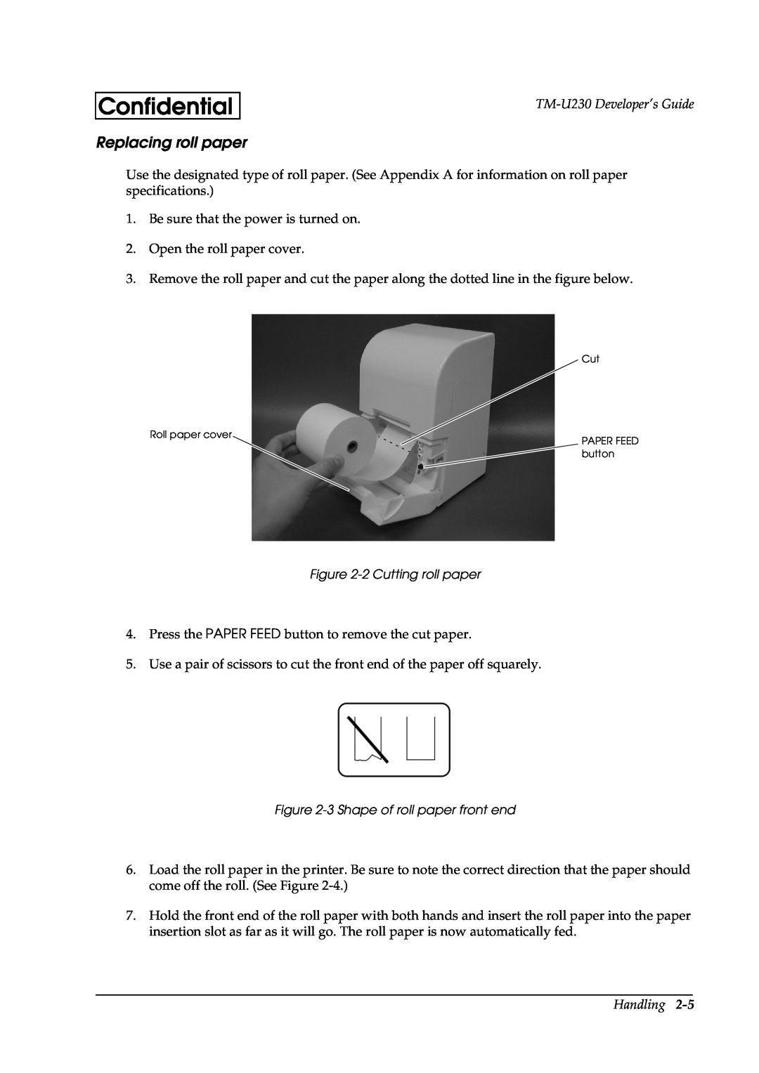 Epson manual Replacing roll paper, Confidential, TM-U230 Developer’s Guide, Handling 